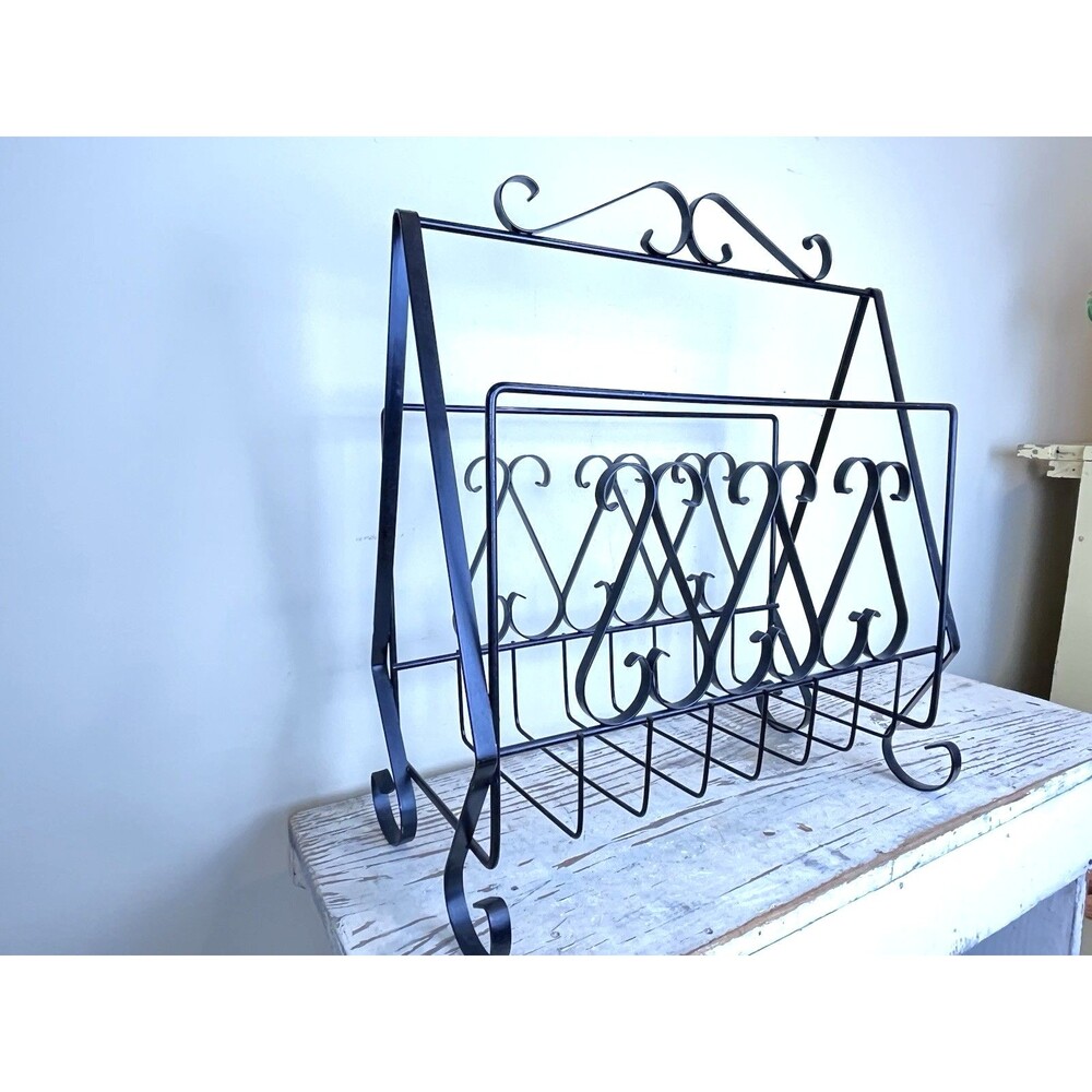Vintage MCM Black Wrought Iron Handled Footed Magazine Book Rack Stand 20”